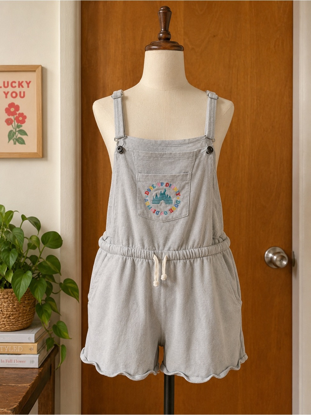 Light Gray Disney Terry Cloth Short Overalls with Embroidered Pocket
